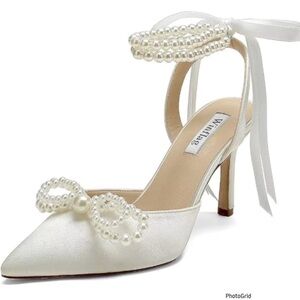 White Satin Pointed-Toe Heels with Pearl Bow and Ankle Tie